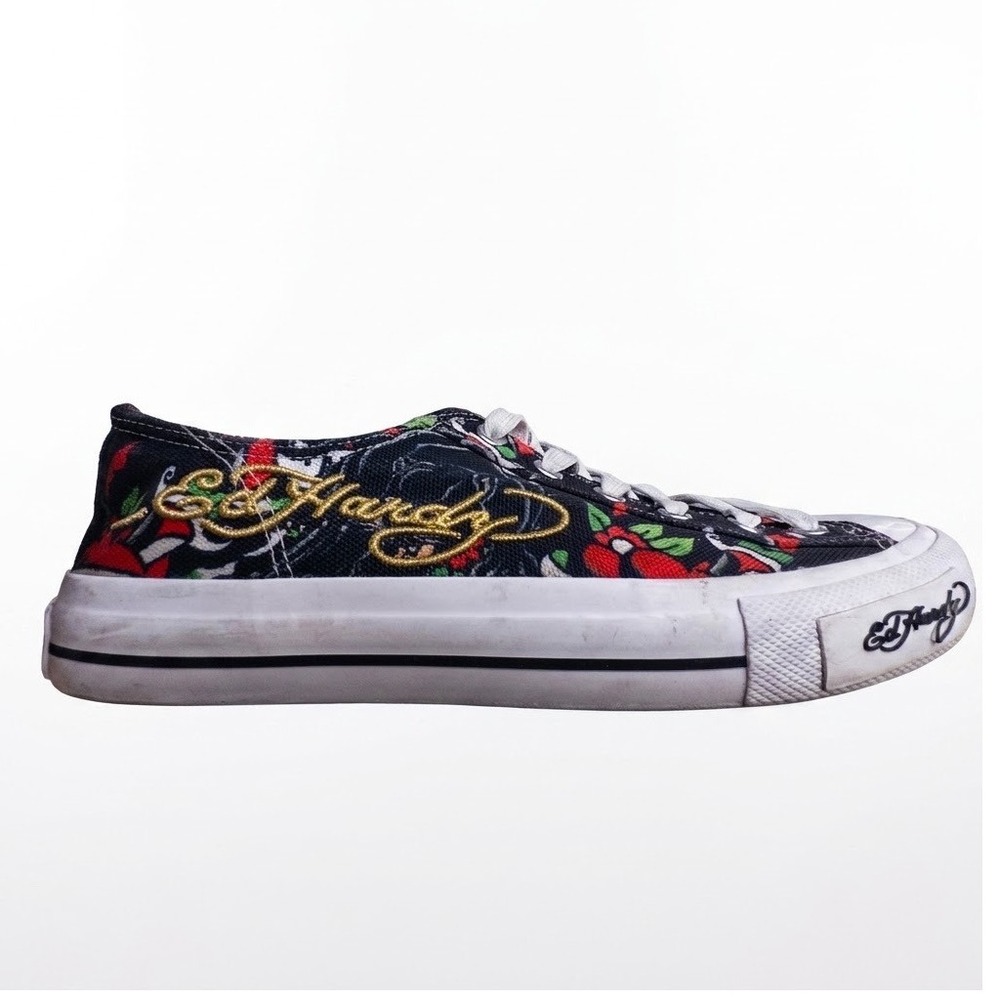 Y2K Ed Hardy Mens Tattoo Flash Graphic Print Canvas Low-Top Sneakers Black Sz 9